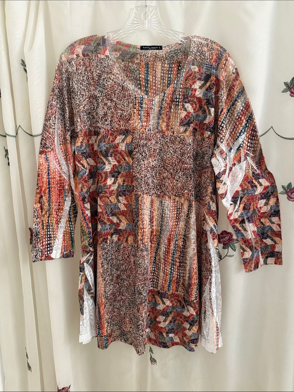 Katina Marie Patchwork-Print Tunic in Orange, Rust & Navy
